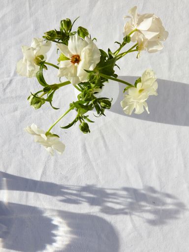 A vertical high angle shot of a vase with beautiful white flowers on a table with a white tablecloth