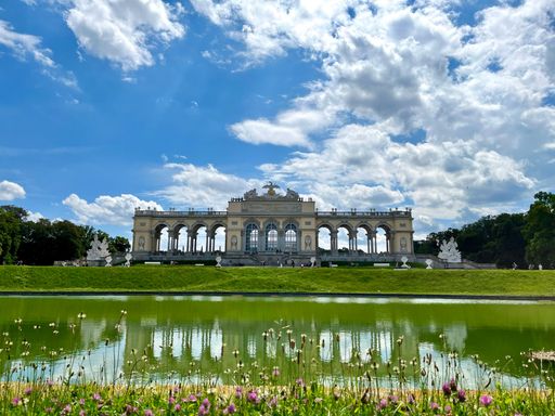 A distant view of the Gloriette in the Schonbrunn Palace Garden, Vienna, Austria