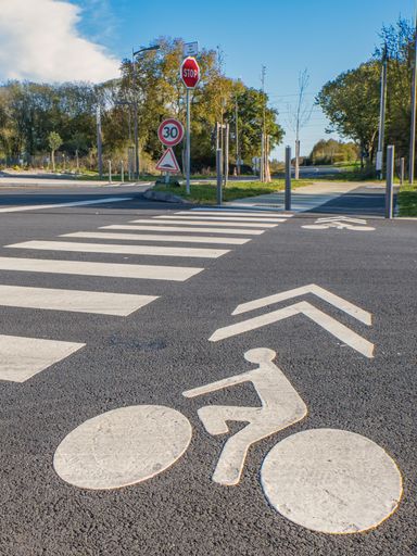 A vertical shot of the bike path and pedestrian crossing