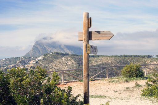 A wooden sign in El Montgo Natural Park Valencia, Spain