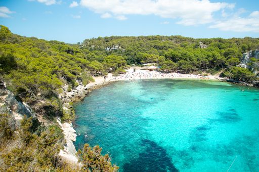 Cala Macarella beach, Menorca, Balearic Islands, Spain, panoramic view