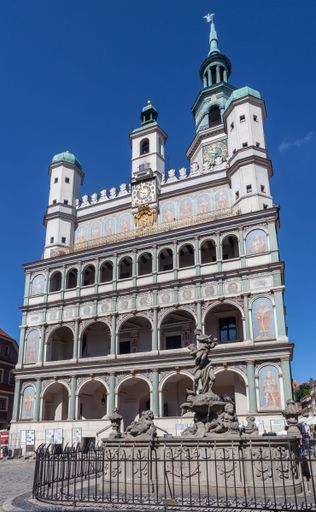 A vertical shot of the facade of the town hall in Old Market Square, Poznan, Poland