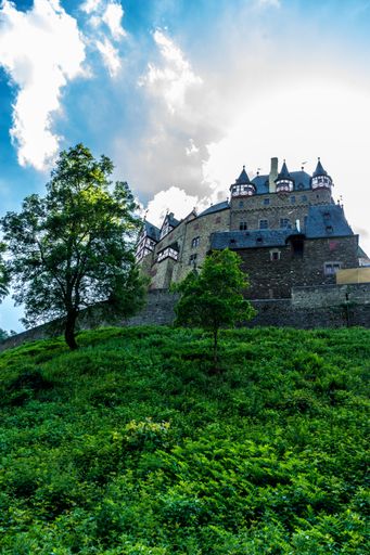 A vertical low angle shot of the Eltz Castle surrounded by trees in Wierschem, Germany
