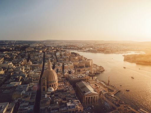An aerial view of the sunrise over the capital city of Malta, Valletta