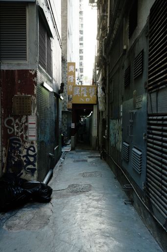 A vertical shot of the back alley in Hong Kong.