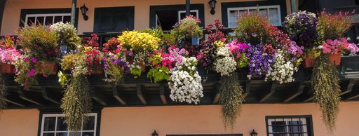 A panoramic shot of balconies decorated with colorful flowers, La Palma island, Spain