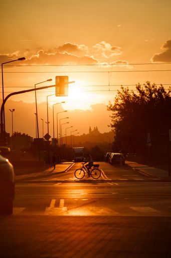 A Girl riding a bike across the road during sunset with silhouette trees