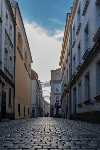 A vertical shot of a narrow street between buildings