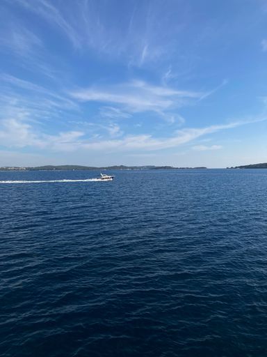 A vertical shot of a yacht driving on a lake