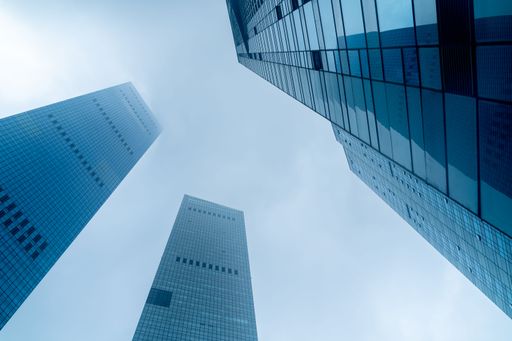 low angle view of modern office buildings. the whole skyline is main subject.