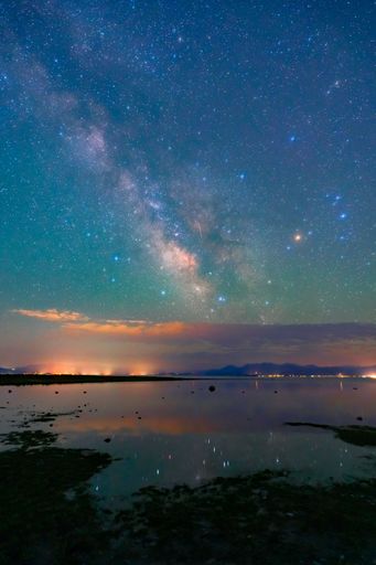 A vertical shot of starry night sky with Milkyway over the horizon