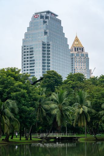 HSBC in Bangkok, country headquarters, Thailand . Vertical shot as seen from Lumpini Park