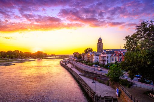 a beautiful view of the IJssel river at golden hour in Deventer city, Overijssel, Netherlands