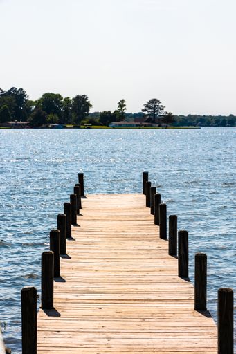 A vertical shot of the narrow bridge over the lake with trees in the background