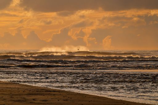 the waitohu stream flows into the tasman sea north of Otaki. In the late afternoon sun, no people. Clouds loom on the horizon and a lone seagull flies