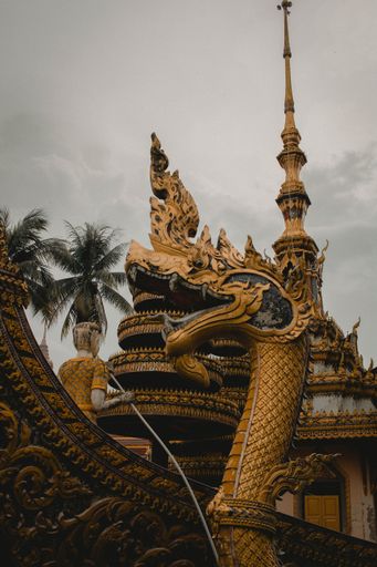 A vertical shot of the Dragon Boat installation at Kiri Dragon Boat Temple in Tumpat, Malaysia