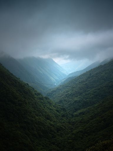 A beautiful scene of green hills with a foggy cloudy sky on the horizon, vertical shot