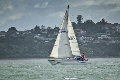Auckland / New Zealand - April 26 2019: Small yacht sailing fast at Tamaki River