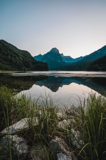 Alpine lake Obersee in the Glarus Alps mountain massif and in the Glarnerland Nafels (Naefels) Canton of Glarus Switzerland