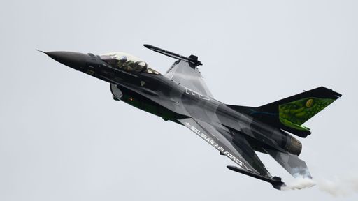 A Belgian Solo Display Team F-16 during Air Show in Ostrava