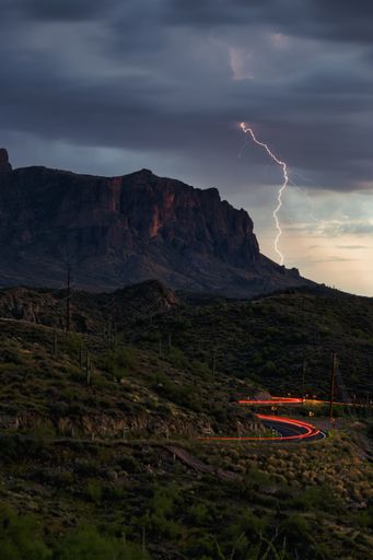 A long exposure photography on the road at night and lightning, vertical