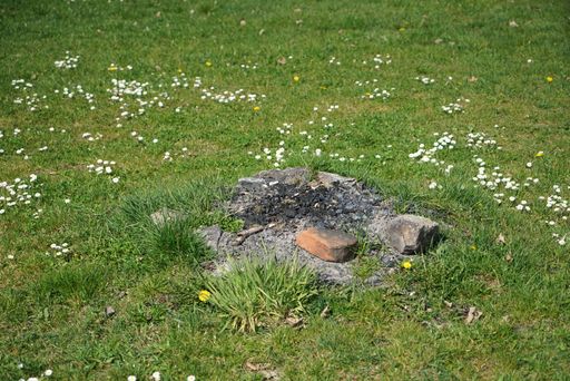 A view of a bonfire spot with a stone and brick on the ground