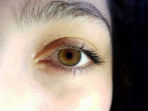 A closeup shot of a female face fragment with an open brown eye and long lashes