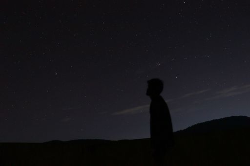 The silhouette of a boy against the background of the starry sky.