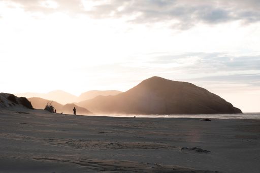 A sandy beach with misty mountains and a person silhouette in the background