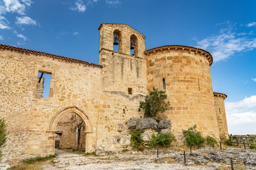A landscape shot of the facade of the Ermita de San Frutos chapel in Segovia, Spain
