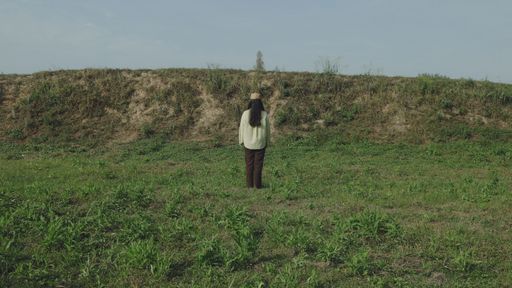 A long-haired girl standing alone in a green valley captured from behind