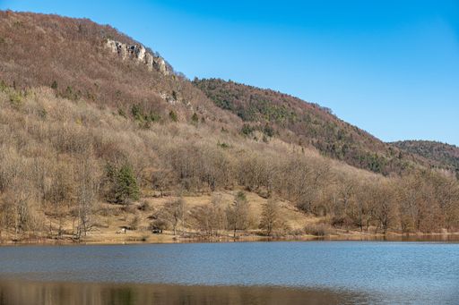 An idyllic scene of a large lake reflecting the surrounding hills and trees in its still, blue waters
