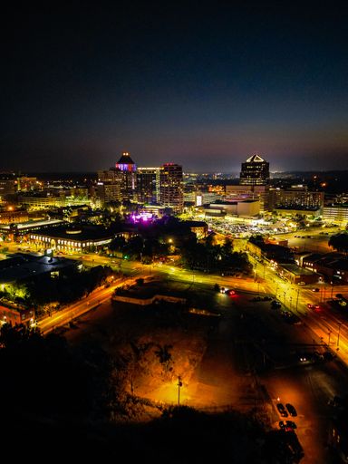 An aerial view of the night Greensboro city in North Carol