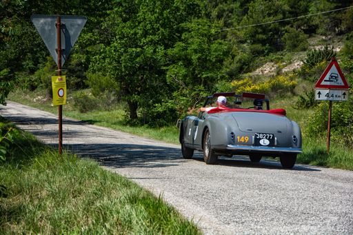 URBINO, ITALY - JUN 16 - 2022 : ALFA ROMEO 6 C 2500 SS CABRIOLET PININ FARINA 1948 on an old racing car in rally Mille Miglia 2022