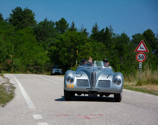 URBINO, ITALY - JUN 16 - 2022 : ALFA ROMEO 6 C 2500 SS SPIDER COLLI 1947 on an old racing car in rally Mille Miglia 2022