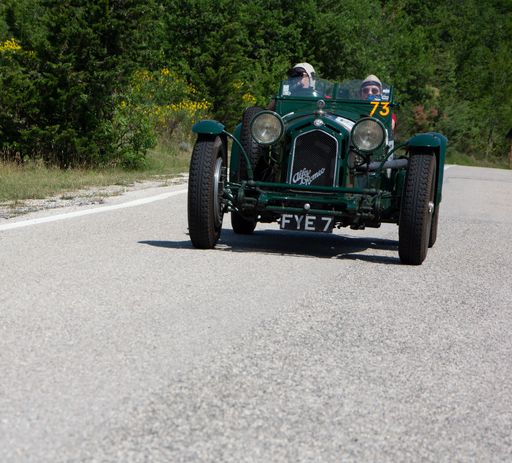 URBINO - ITALY - JUN 16 - 2022 : ALFA ROMEO 8 C 2300 MONZA 1933 on an old racing car in rally Mille Miglia 2022 the famous italian historical race