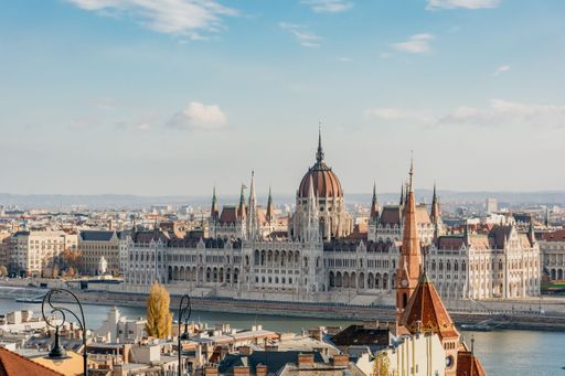A distant view of the Hungarian Parliament on a sunny day in Budapest