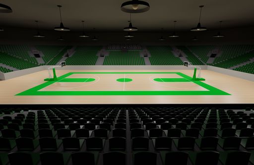 A neat empty basketball court with green seats and sidelines