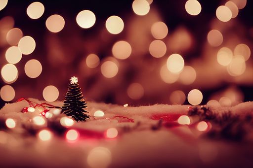 A closeup shot of a miniature Christmas scene with a small tree and bokeh lights in the background