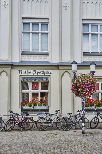 Greifswald, Germany - August 31, 2020: Cityscape of the historic market square of the Hanseatic city of Greifswald in Germany. 