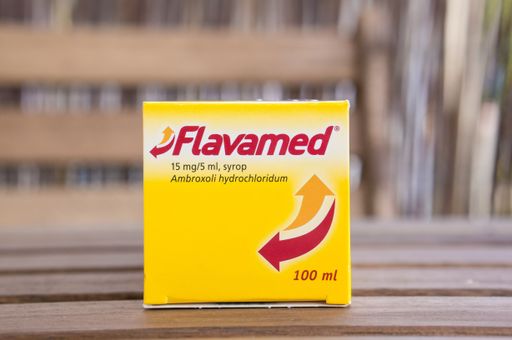 Polish Flavamed coughing syrup in a box on a table