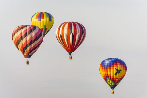 Four daring pilots of colorful hot air balloons with stripes, checks and a bird float suspended in baskets on a neutral background.
