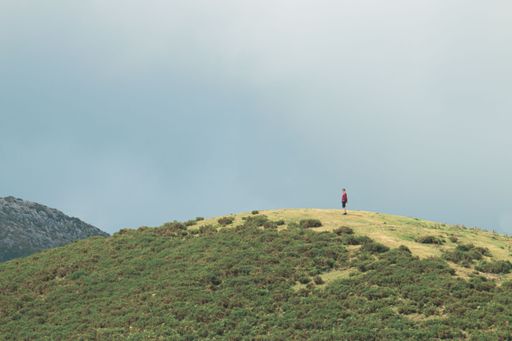 A scenic view of a man standing on top of a green hill, looking at the horizon