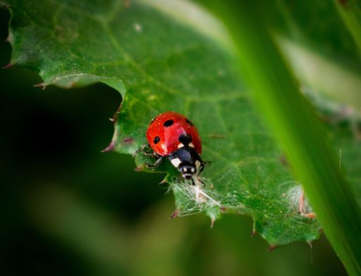 A macro shot of an adorable ladybug on a green leaf