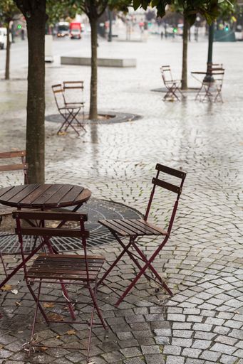 A vertical shot of wooden chairs and table