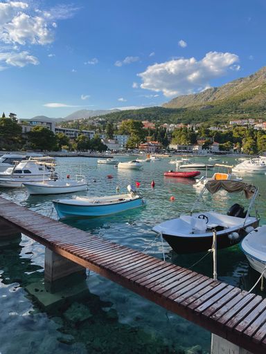 A vertical shot of boats moored at a wooden dock against a green mountain