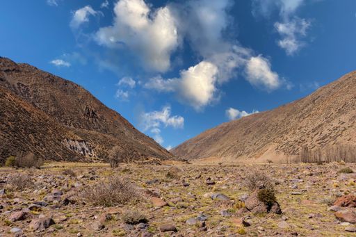 A scenic shot of a dry field against the mountains background in Mendoza, Argentina