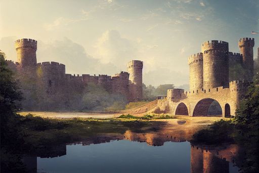 A digital 3D render of a beautiful fantasy medieval castle surrounded by a moat in a fairy tale