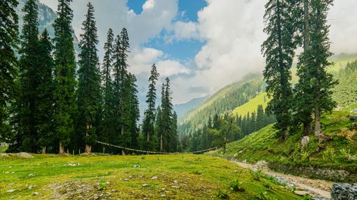 A scenic shot of a small mountain range on a green grass field on a sunny day