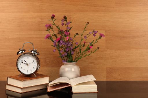A closeup shot of a desk with books, alarm clock, and flowers in a pot